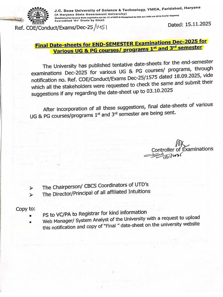 Final Date-Sheets For END-SEMESTER Examinations Dec-2025 For Various UG ...