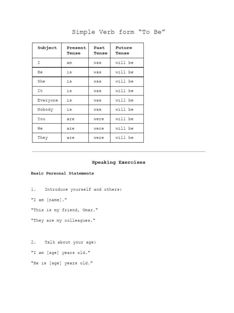 Verb Form - To Be (A1) | PDF | Grammar | Linguistics