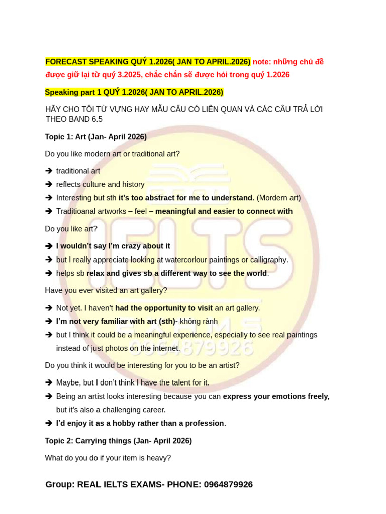 IELTS Speaking Topics Q1 2026 Guide | PDF