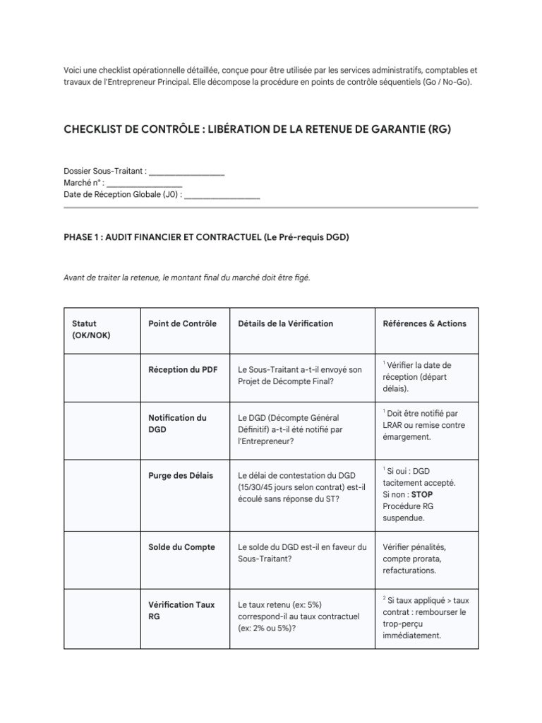 Checklist pour Libération de Retenue de Garantie | PDF | Audit | Banques