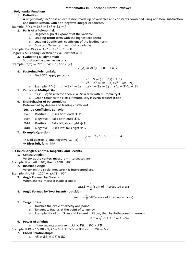 Polynomial Functions and Circle Geometry Review | PDF | Polynomial | Circle