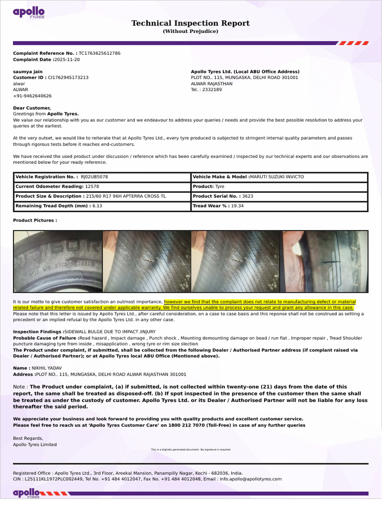 Technical Inspection Report: (Without Prejudice) | PDF | Tire | Vehicles