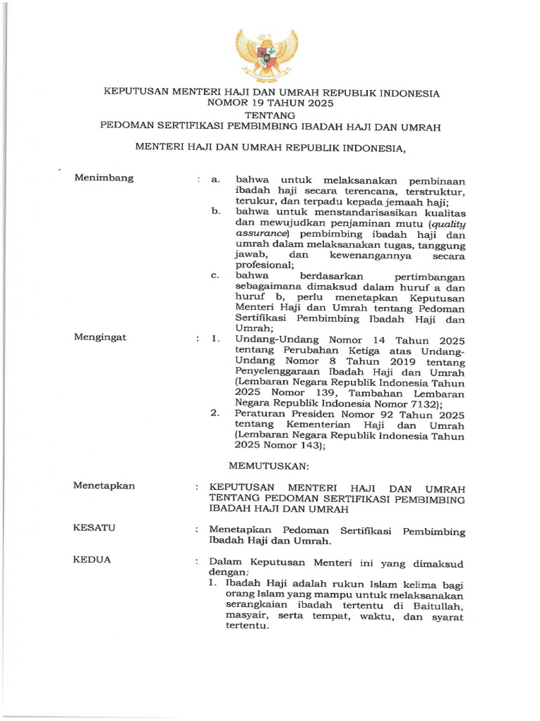 KMHU 19 Tahun 2025 Sertifikasi Pembimbing Ibadah Haji Dan Umrah | PDF