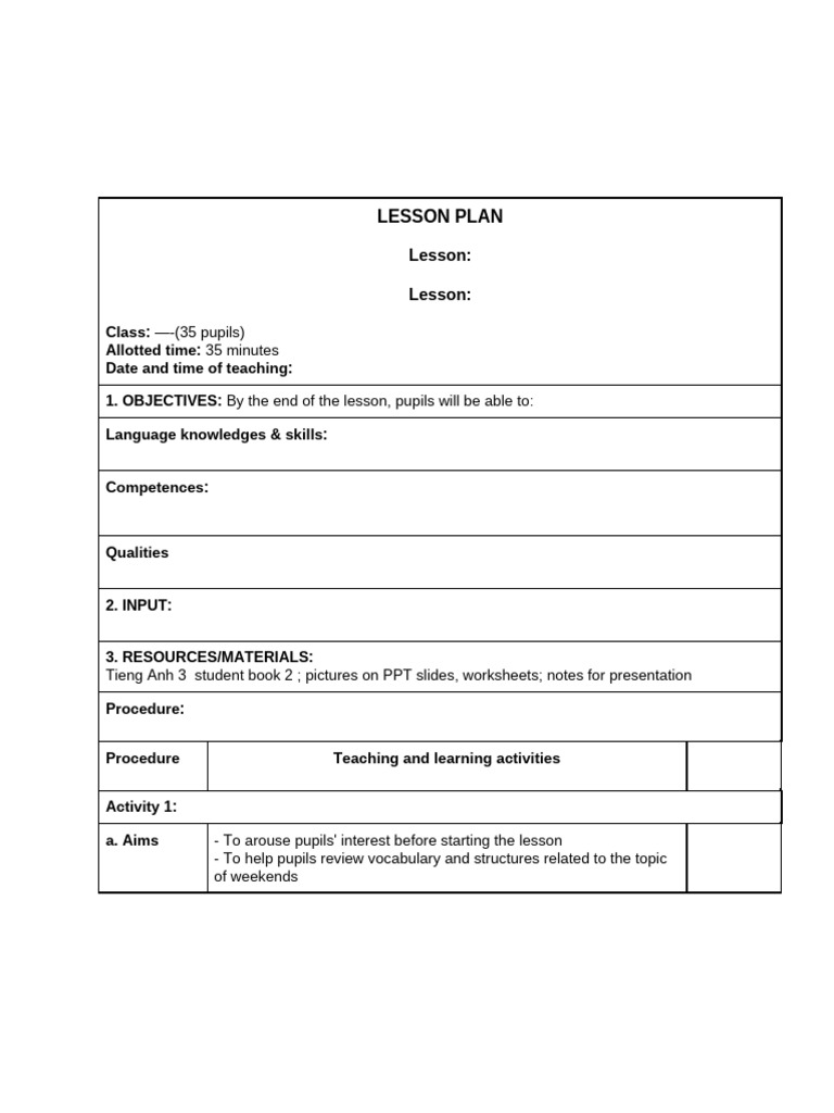 Bảng Lesson Plan Mẫu | PDF