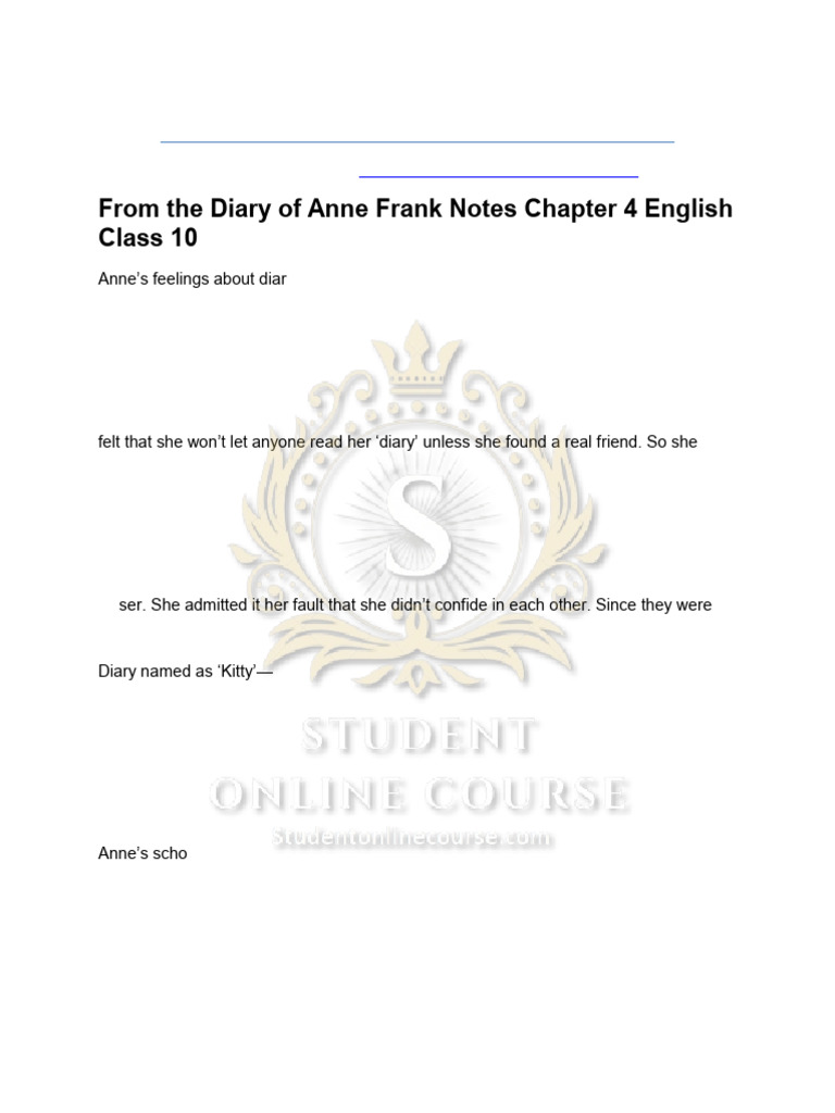 From The Diary of Anne Frank Notes Chapter 4 English Class 10 | PDF