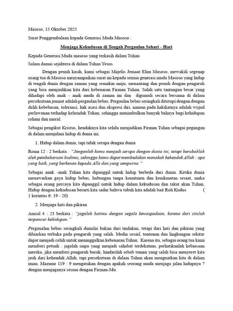 Menjaga Kekudusan Generasi Muda Masoso | PDF