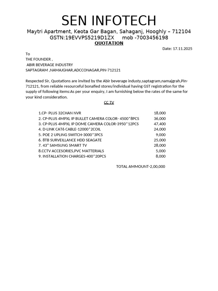 Quotation for CCTV and Installation Services | PDF