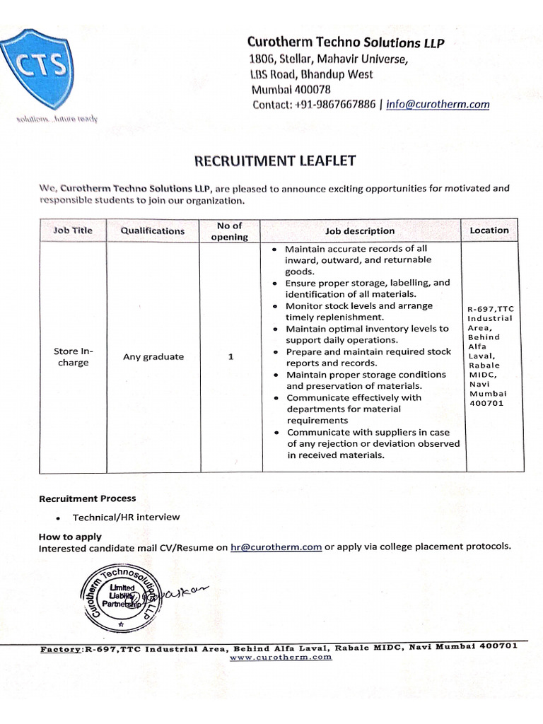 CTS (Store Incharge) | PDF