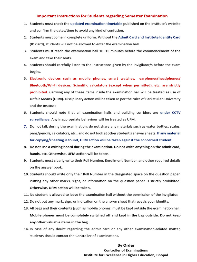 Semester Exam Instructions for Students | PDF