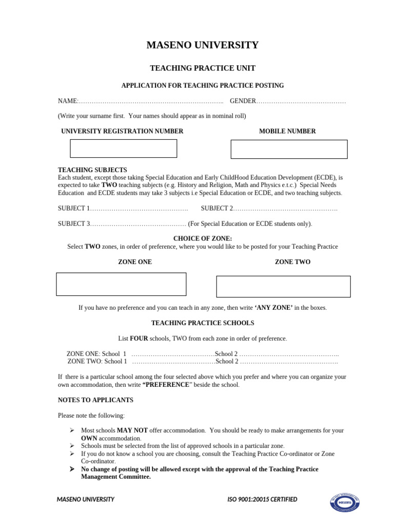 Maseno University Teaching Practice Application | PDF
