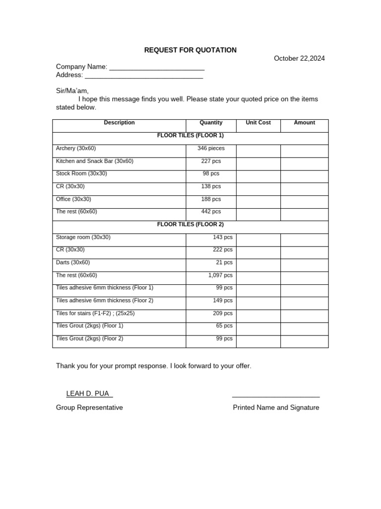 Floor Tiles Quotation Request Form | PDF