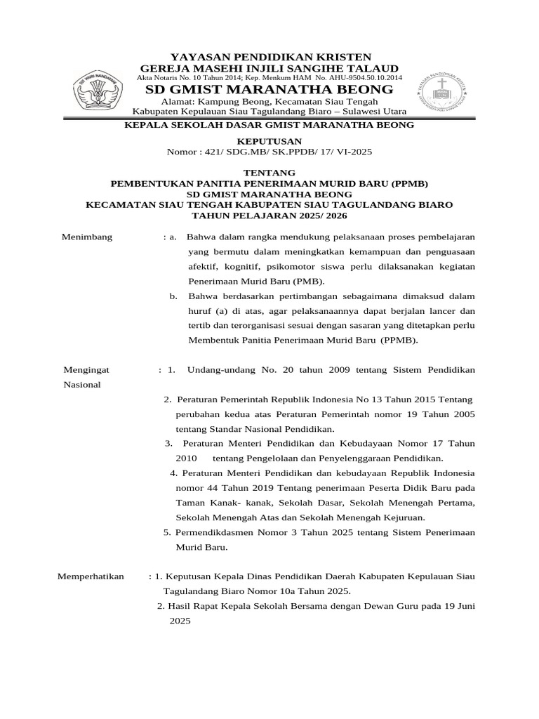 Pembentukan PPMB SD GMIST 2025/2026 | PDF