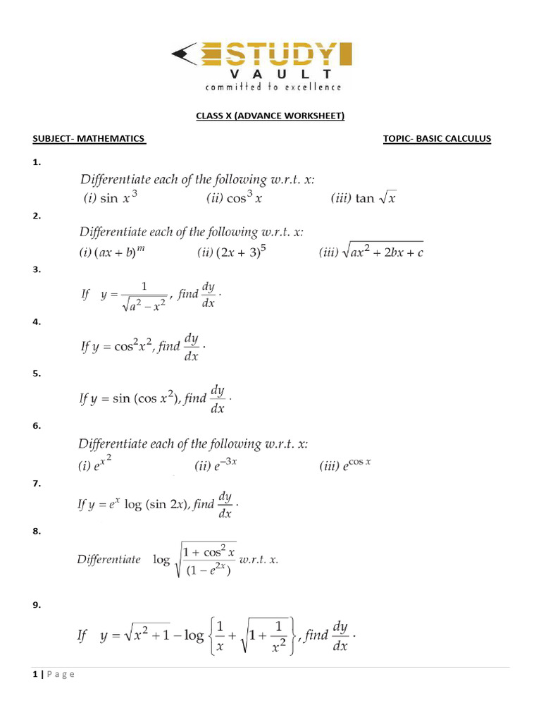 Class X Basic Calculus Worksheet | PDF