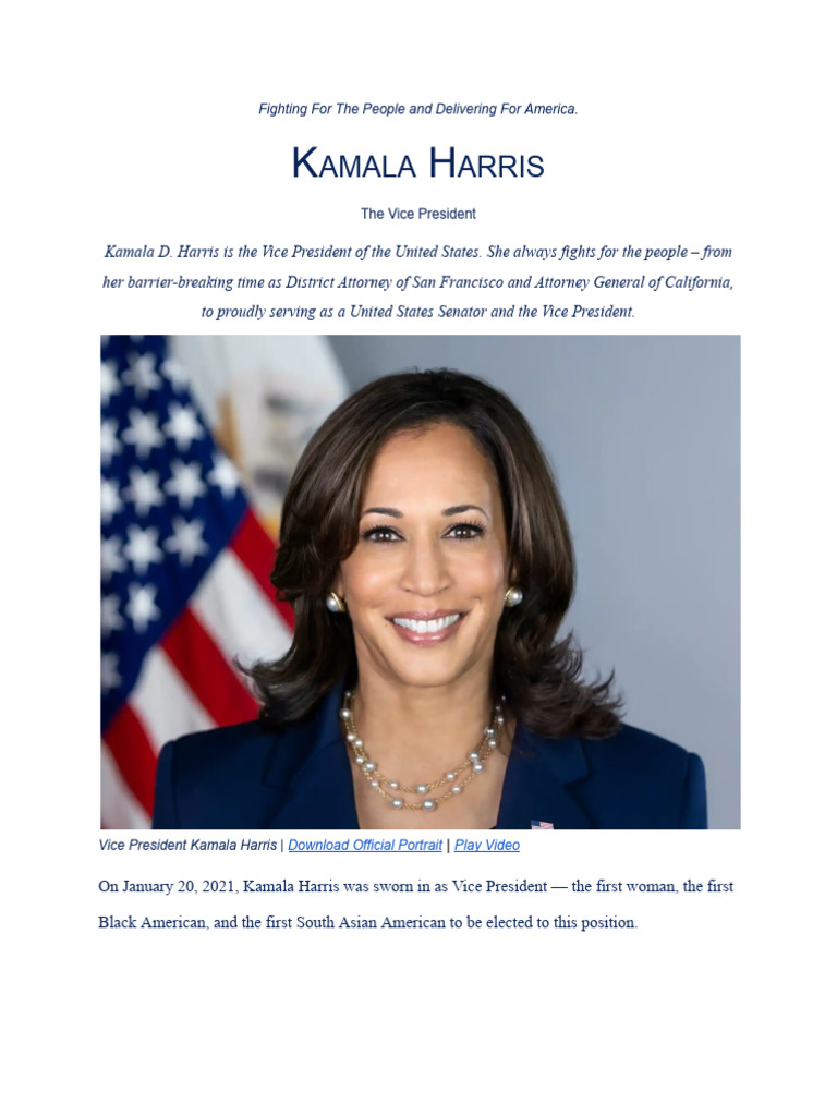 The Official Biography For Vice President Kamala Harris1 | PDF | Kamala ...