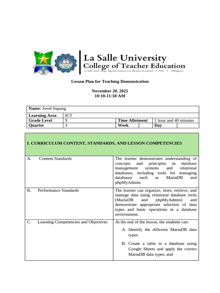 Lesson Plan: Introducing MariaDB for ICT | PDF | Relational Database ...