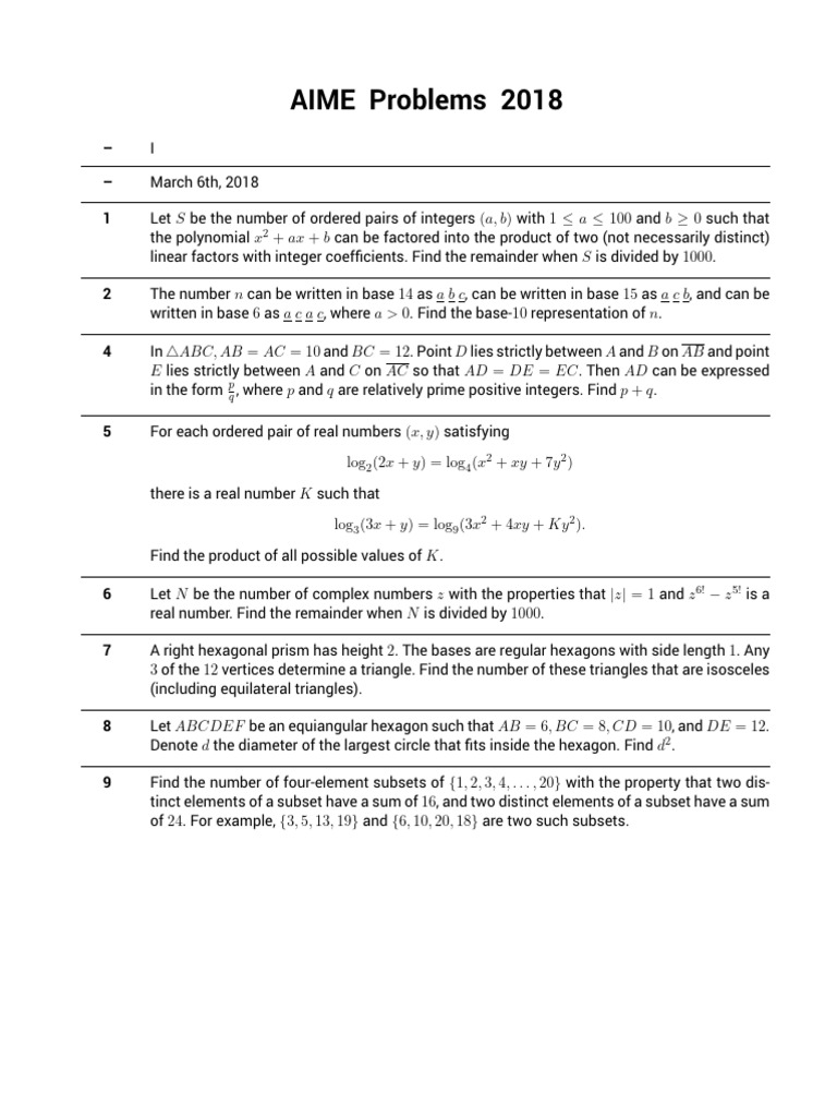 2018 Aime สิฬโฃจำขำ๏ฃฉ | PDF | Mathematics | Discrete Mathematics