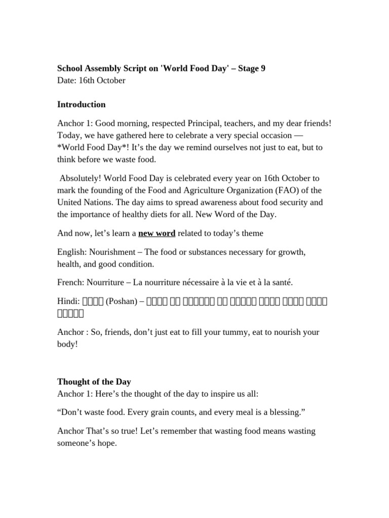 World Food Day Assembly Script | PDF