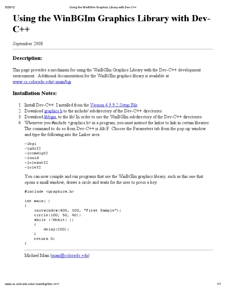 Using The WinBGIm Graphics Library With Dev-C++ | PDF