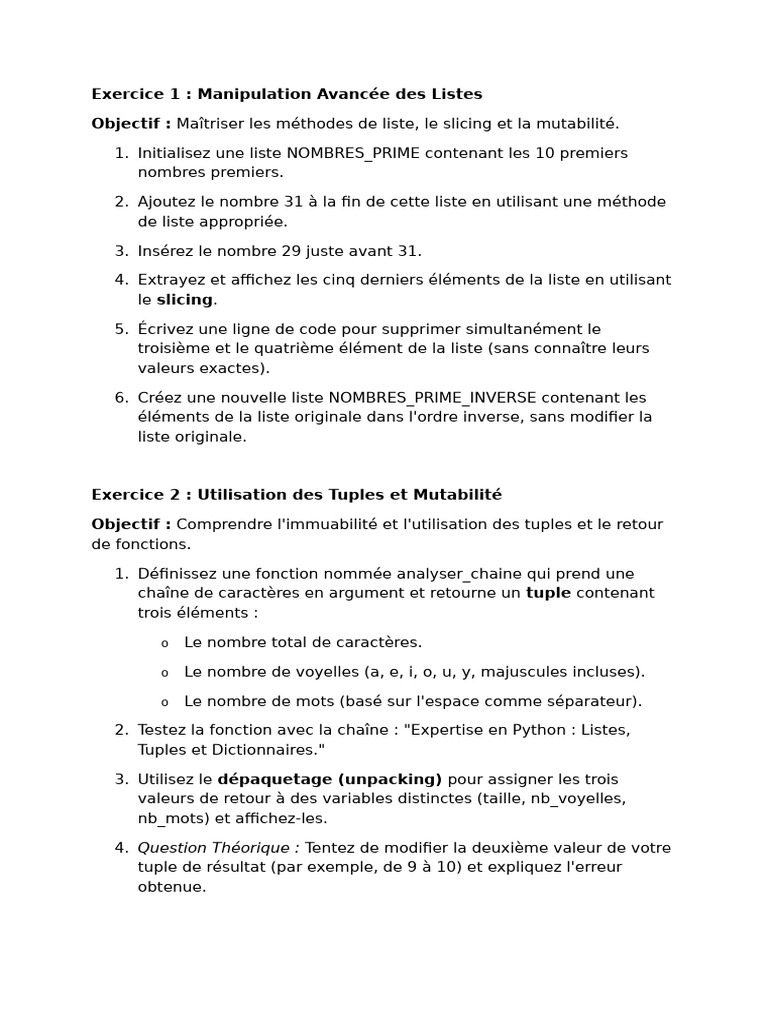 Exercices Avancés sur Listes et Dictionnaires | PDF | Python (Langage ...