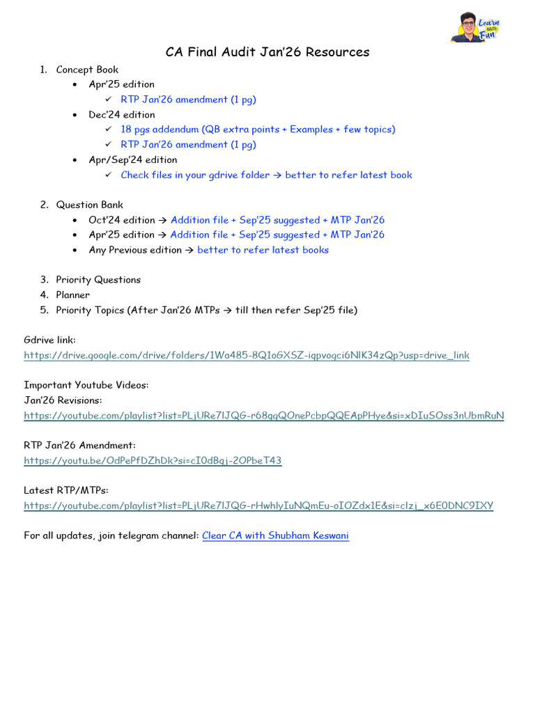 CA Final Audit Jan'26 Study Resources | PDF