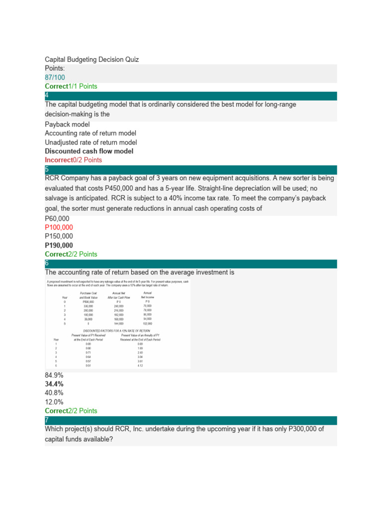Capital Budgeting Decision Quiz Insights | PDF | Net Present Value ...