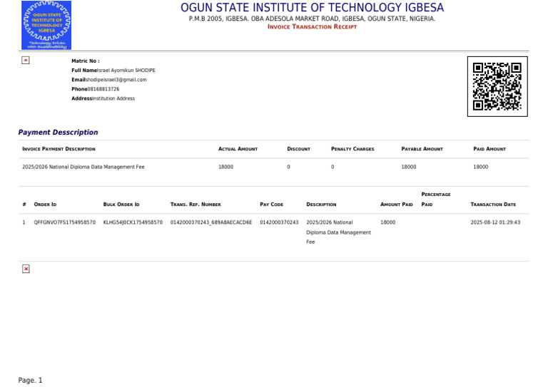 Ogun State Tech Invoice Receipt 2025 | PDF