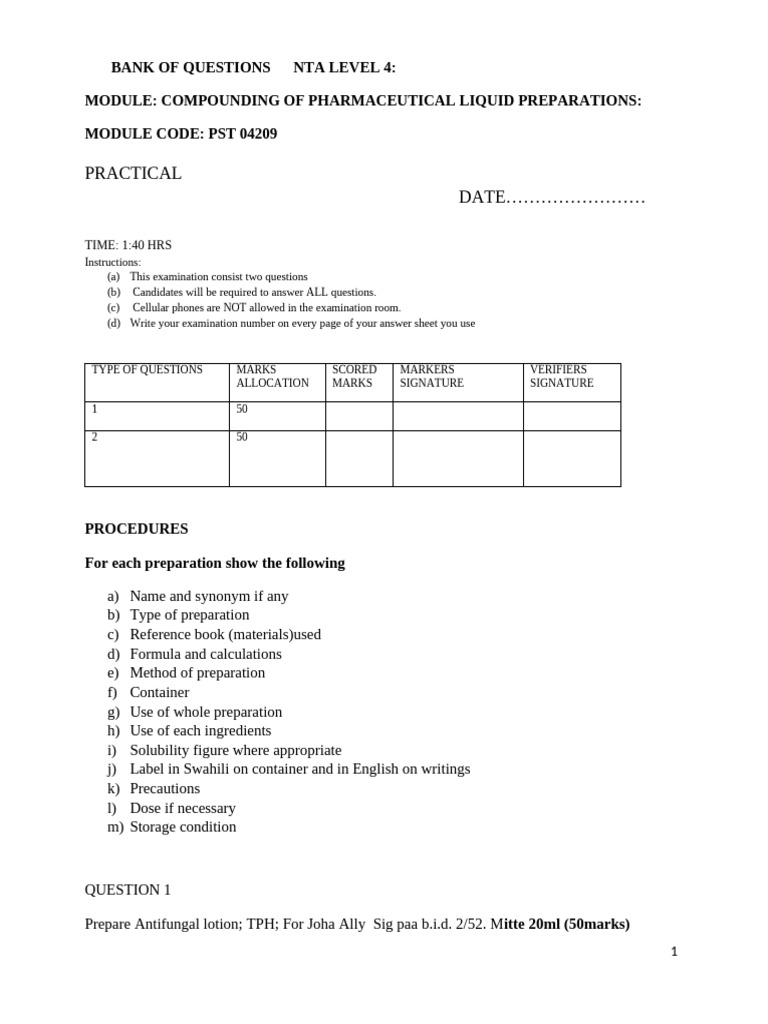 NTA Level 4: Pharmaceutical Compounding Exam | PDF | Pharmacy | Tablet ...