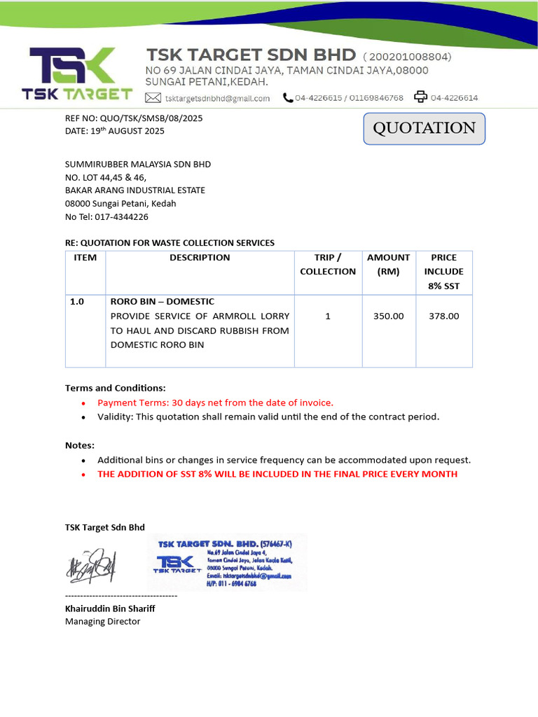 Quotation for Waste Collection Services | PDF