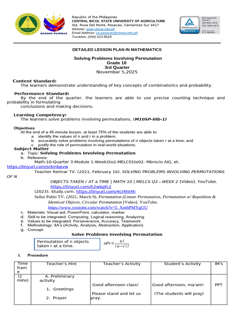 Grade 10 Lesson Plan: Permutations | PDF | Permutation | Mathematics