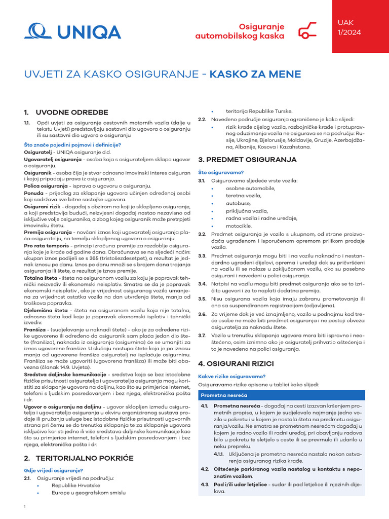 Uvjeti Za Kasko Osiguranje KASKO ZA MENE UAK 1-2024 | PDF