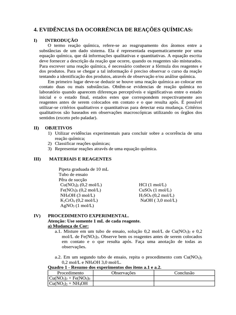 Evidências de Reações Químicas em Experimentos | PDF | Reações químicas ...