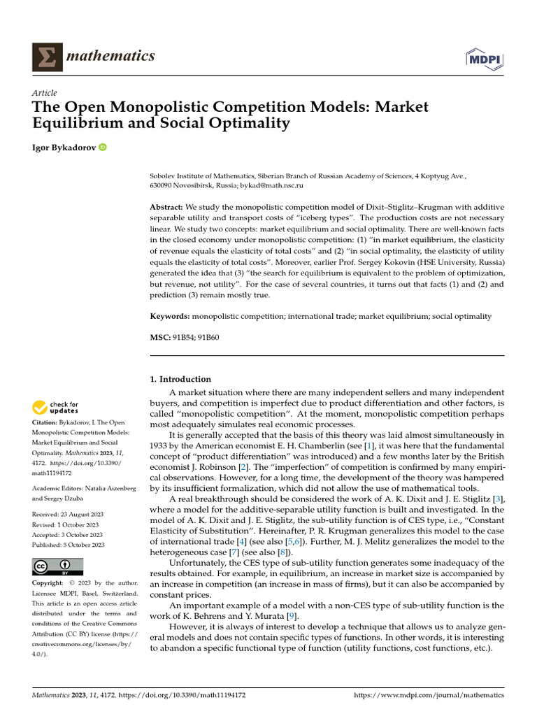 Mathematics 11 04172 v2 | PDF | Market (Economics) | Monopoly