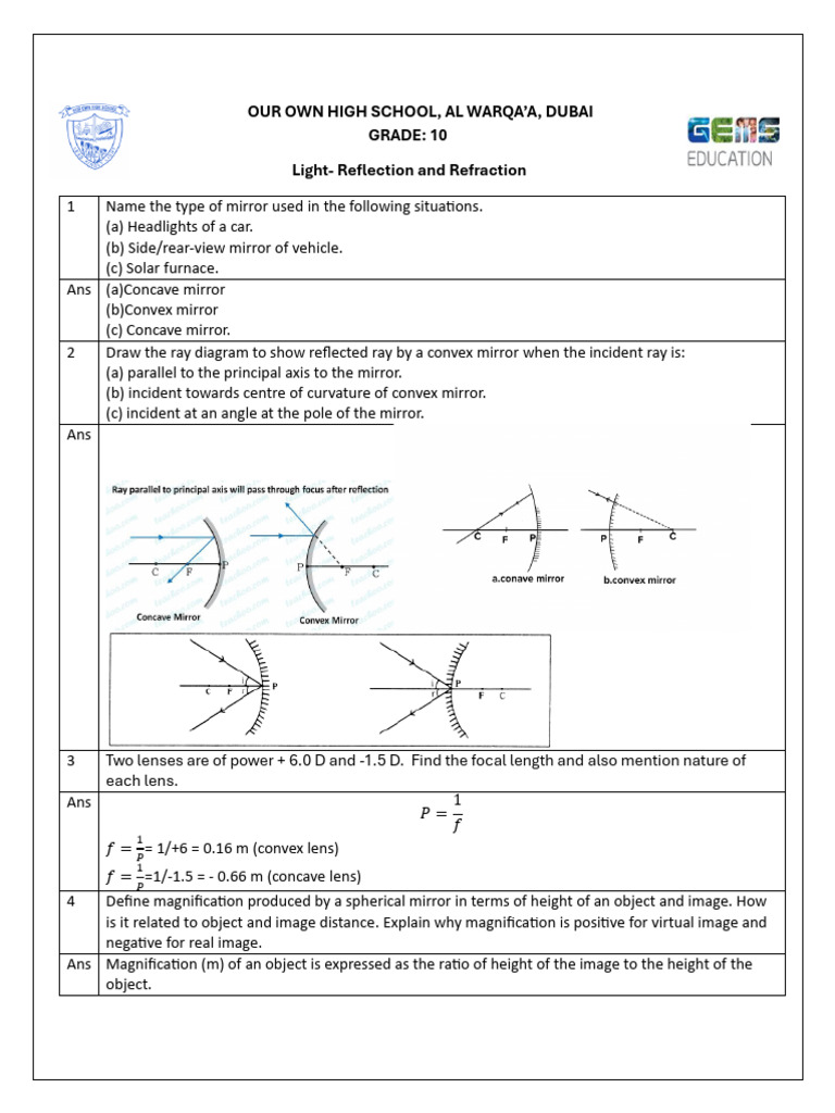 LIGHT Revision Worksheet With Marking Scheme | PDF | Optics | Mirror