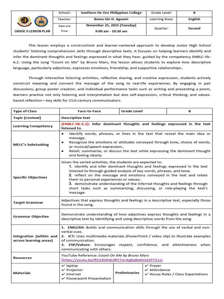 Grade 8 English Lesson on Descriptive Text | PDF | Thought | Lesson Plan