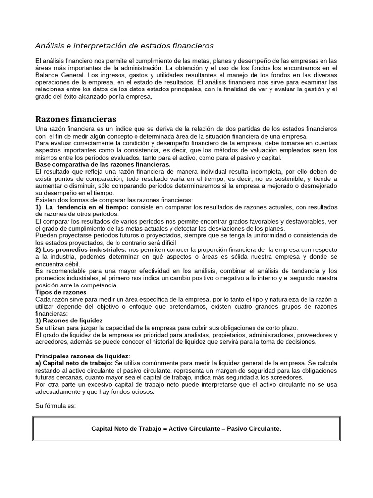 Análisis de Estados Financieros y Razones | PDF | Capital de trabajo ...