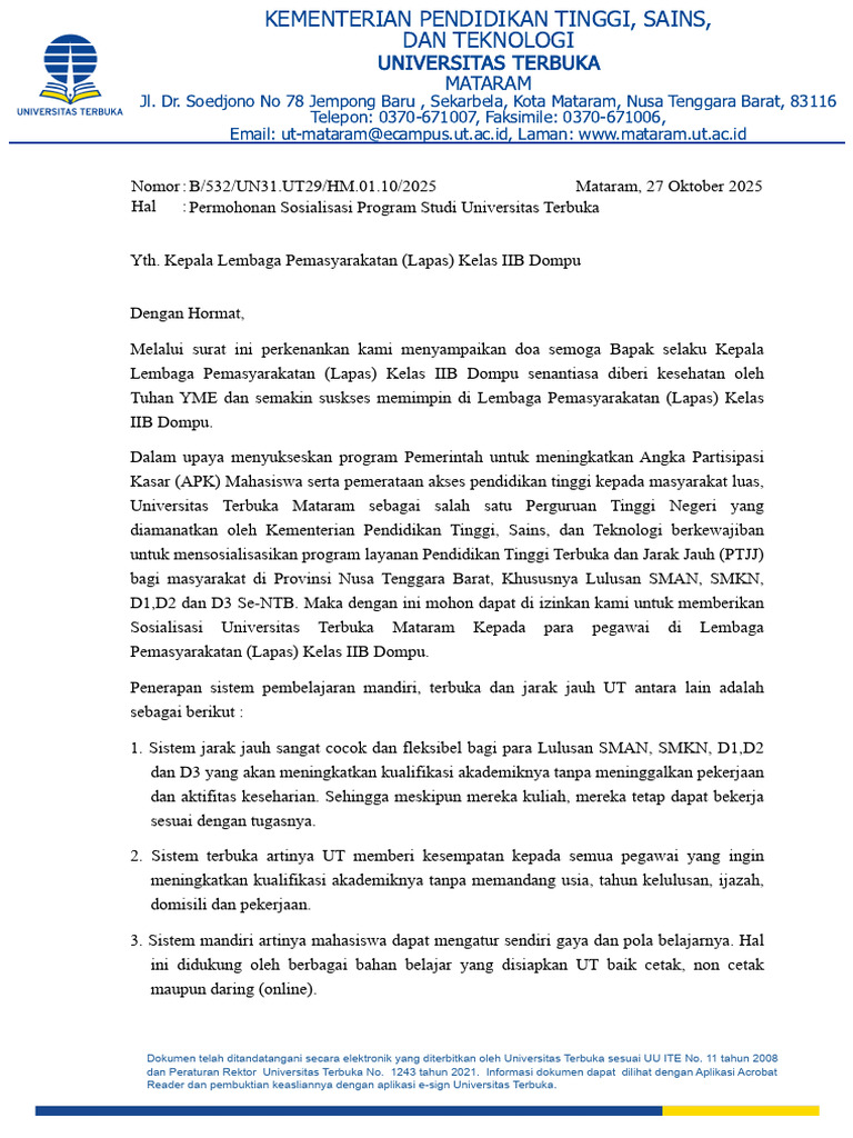Sosialisasi Program Studi UT di Lapas Dompu | PDF