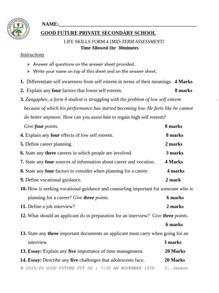 Lifeskills Form 4 Midterm Exams | PDF