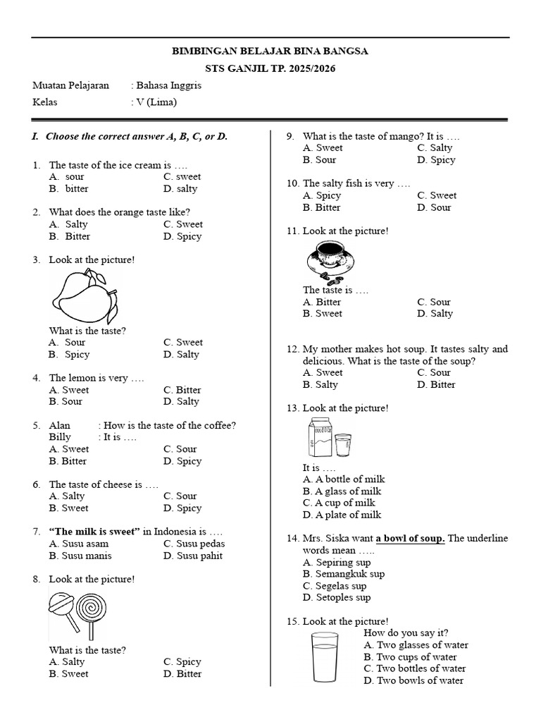 Kelas V: Soal Bahasa Inggris Rasa | PDF | Taste | Foods