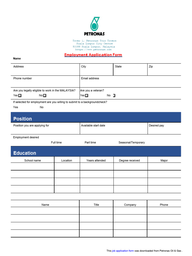 Petronas Twin Towers Job Application Form | PDF