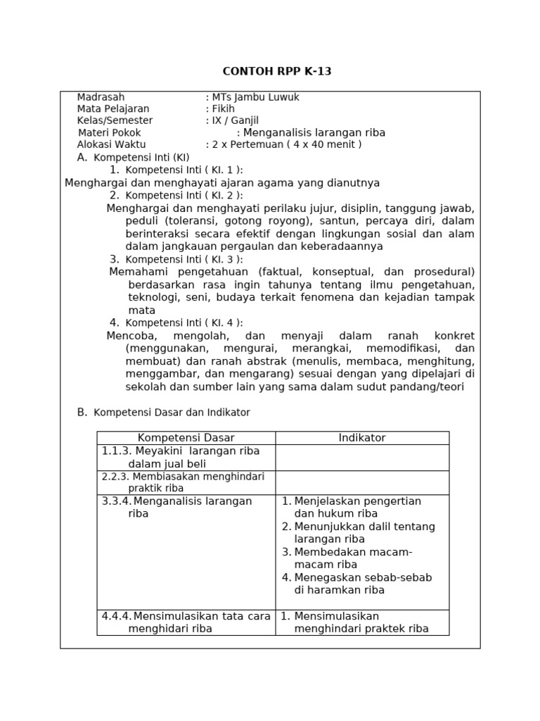 Contoh RPP K-13 Kd.3 (Riba) | PDF