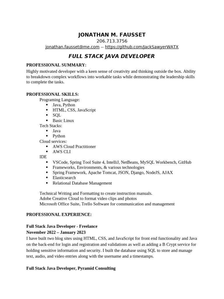 Full Stack Java Developer Resume | PDF | Amazon Web Services | Net Beans