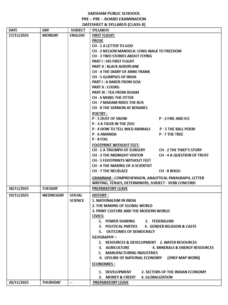 Class X Pre-Board Exam Datesheet & Syllabus | PDF | Equations | Mathematics