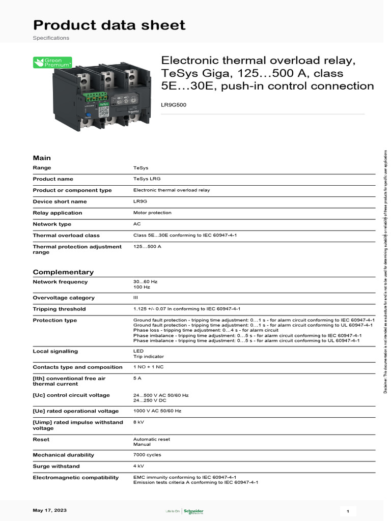 TeSys Giga LR9G500 Relay Specifications | PDF | Relay | Alternating Current