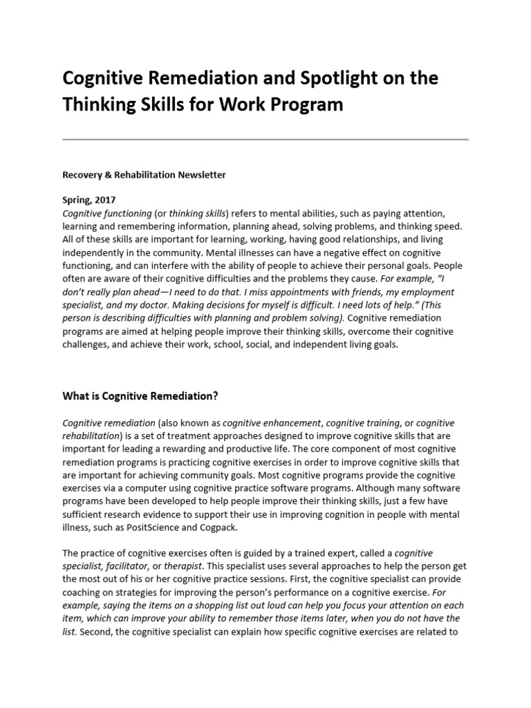 Cognitive Remediation: Thinking Skills for Work | PDF | Cognition ...