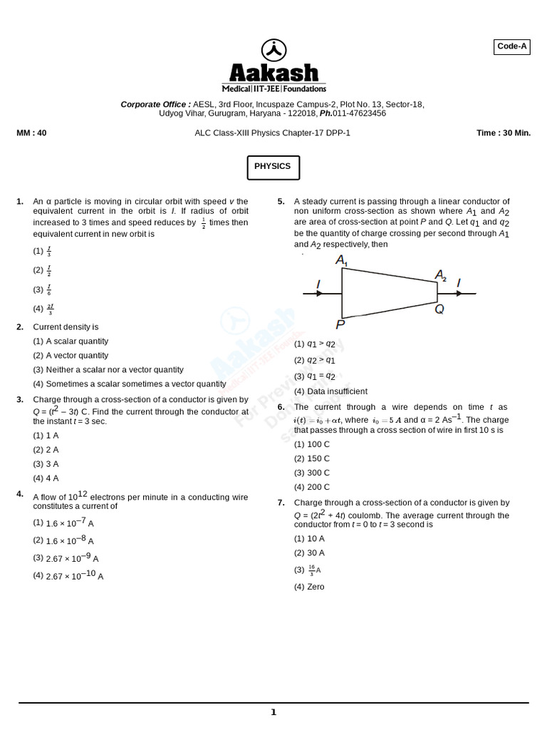 ALC Class-XIII Physics Chapter-17 DPP | PDF | Electric Current ...