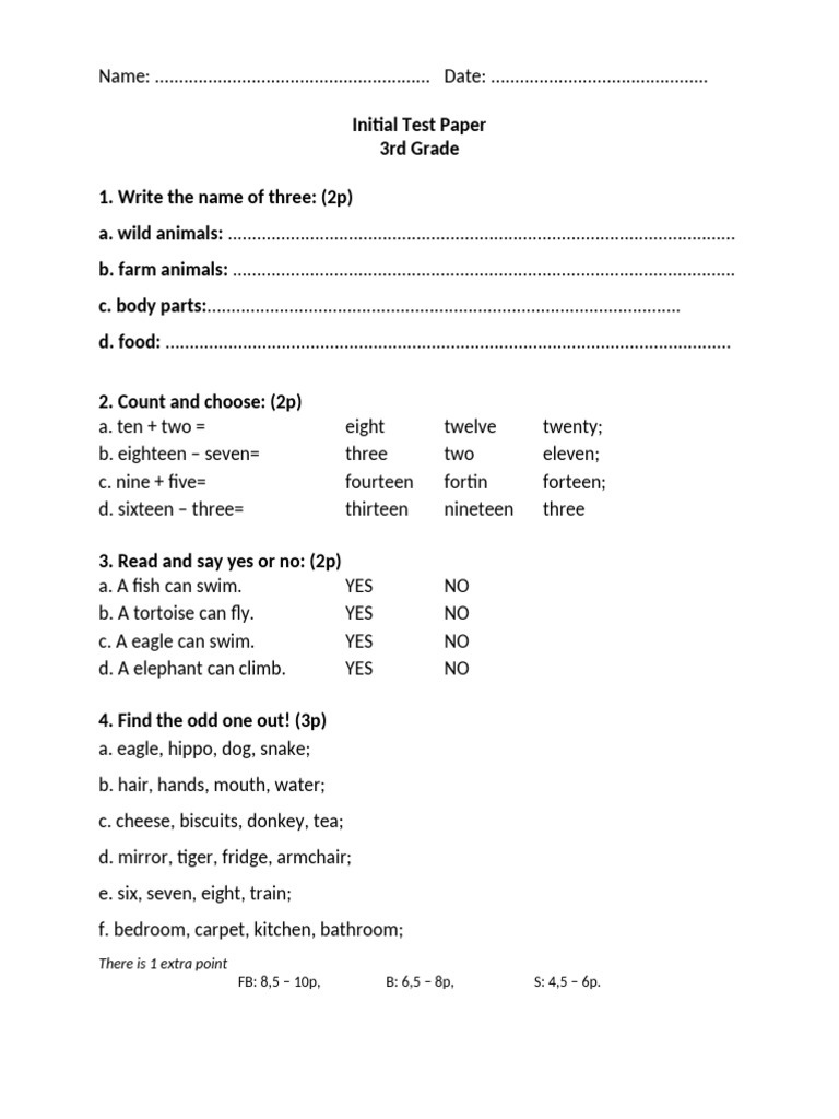 3rd Grade Initial Test Paper | PDF