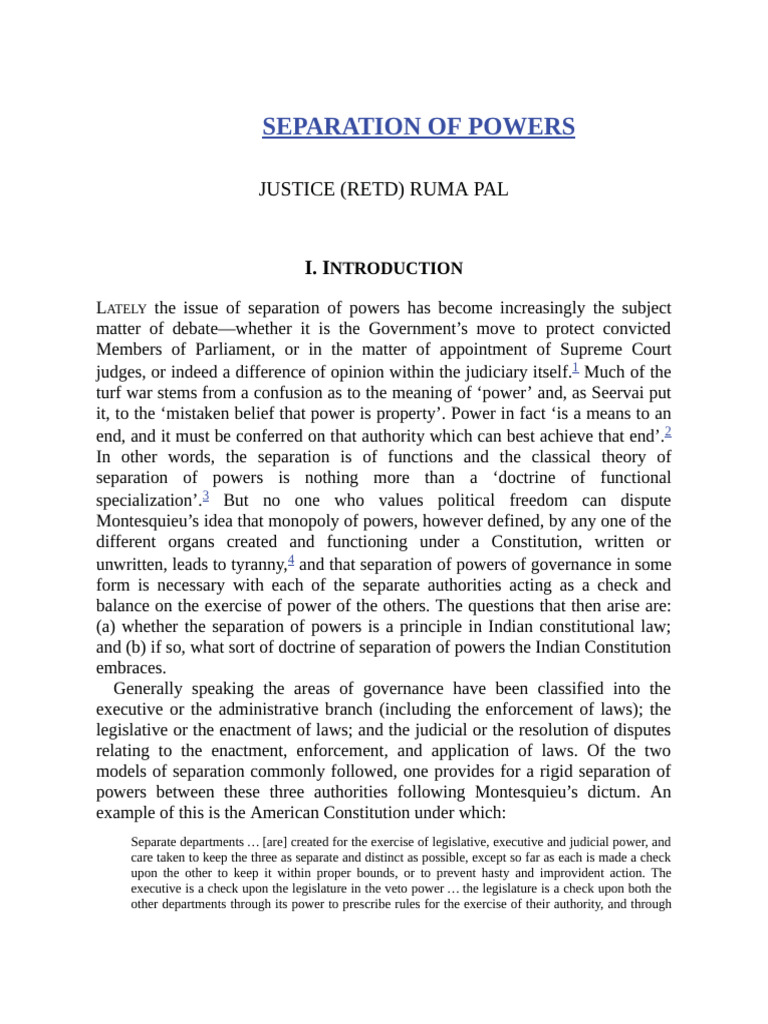 Ruma Pal, Separation of Powers, in The Oxford Handbook of The Indian ...