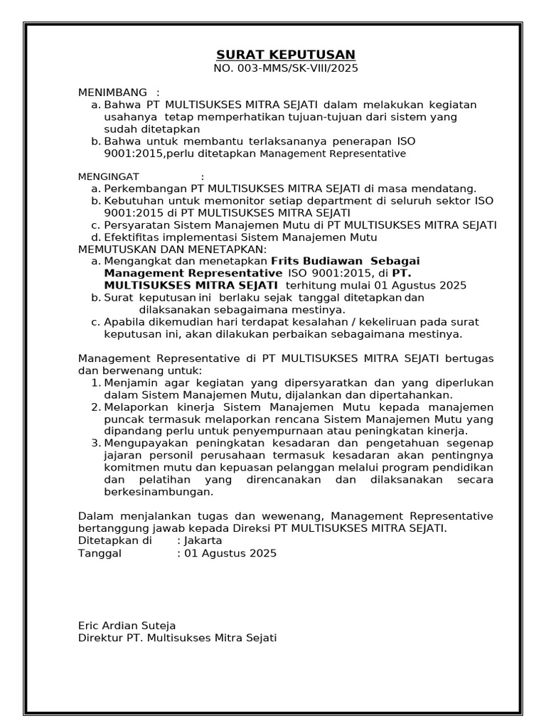 Penetapan Management Representative ISO 9001 | PDF
