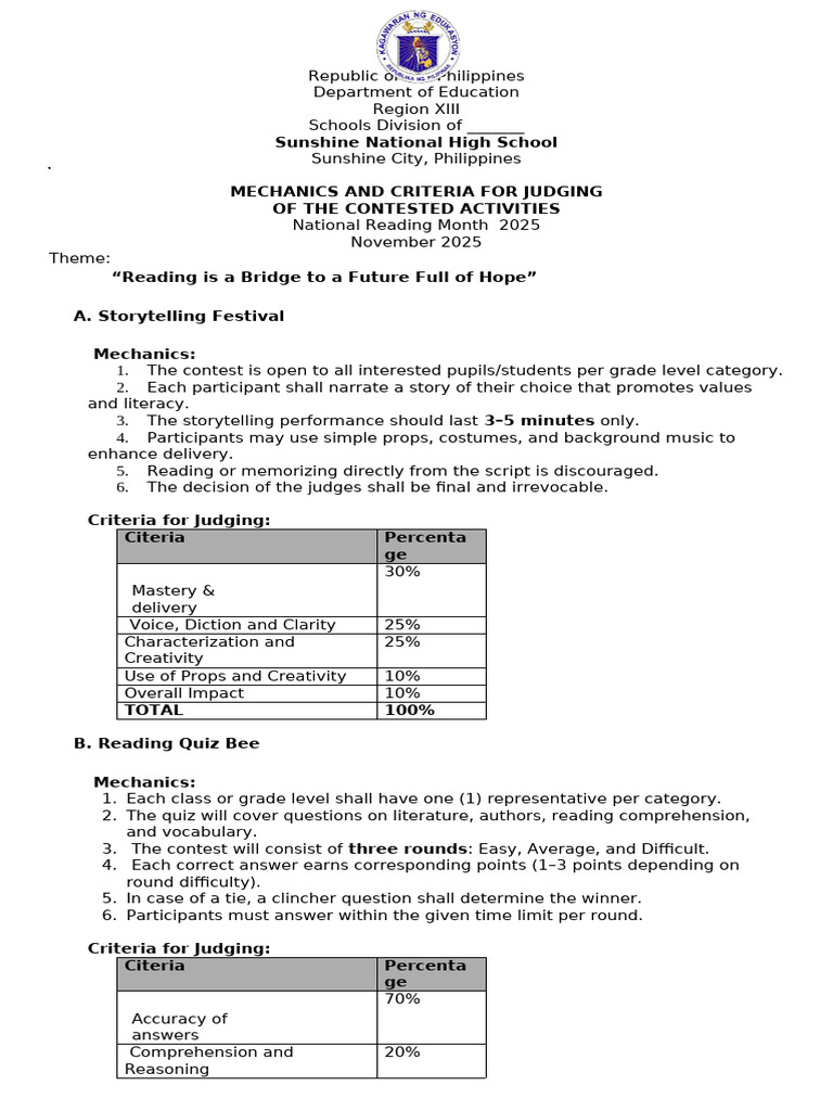 National Reading Month Contest Guidelines | PDF | Public Speaking ...