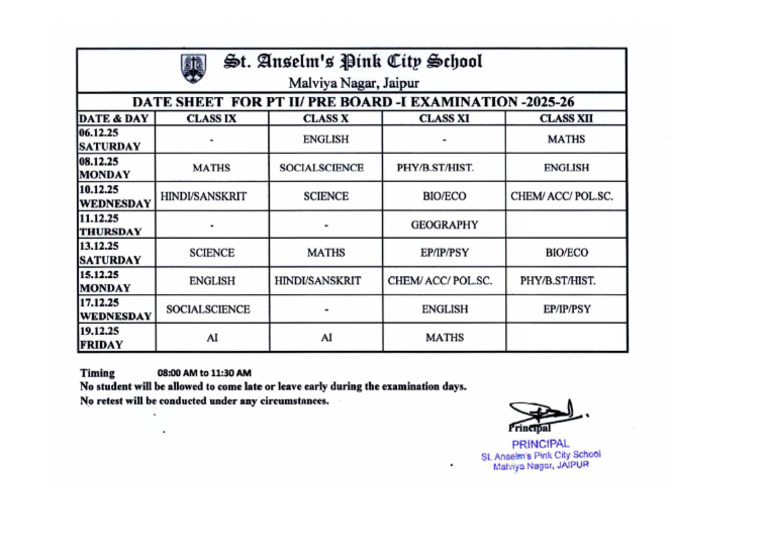 Date Sheet For PT II - Pre Board I Examination 2025-26 | PDF